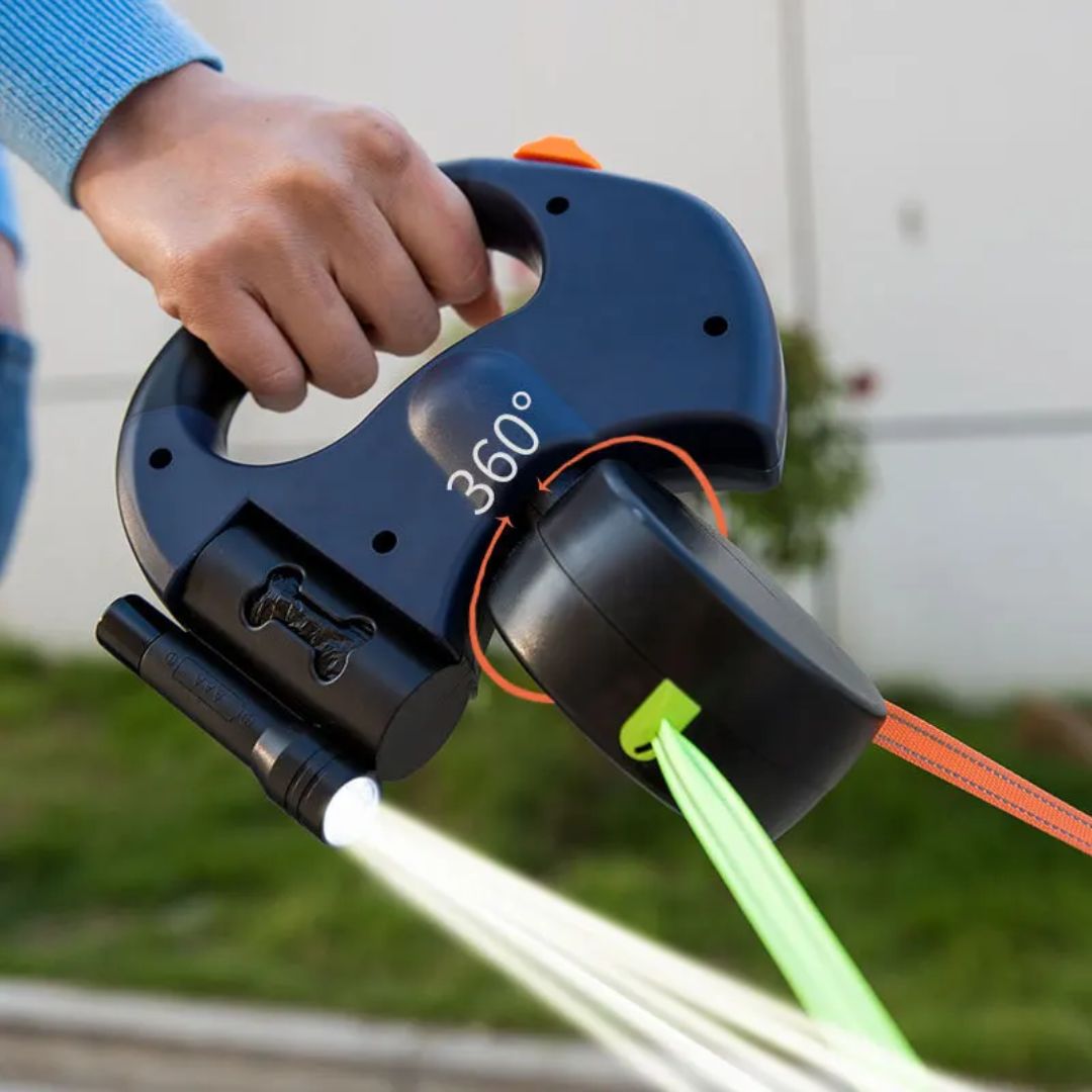 Laisse Double Rétractable Pour Chiens – Avec Lampe LED Et Distributeur De Sacs